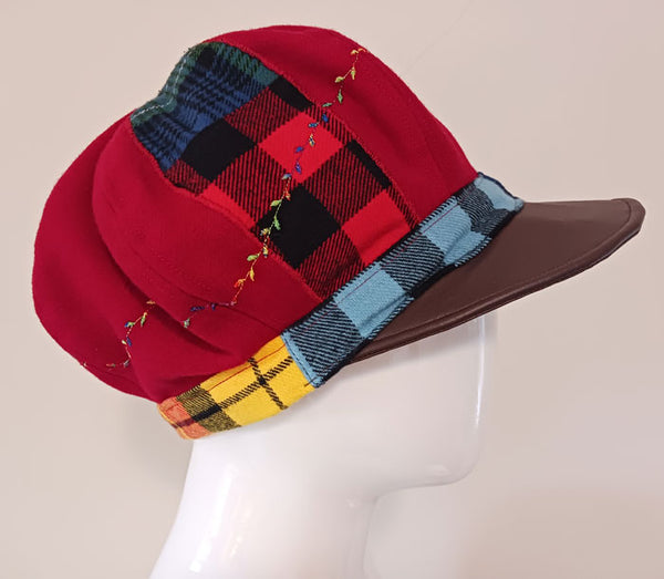 Red wool bakerboy cap with plaid, cotton lining