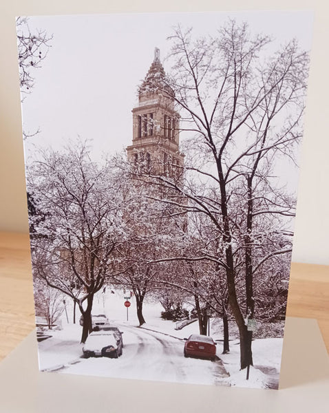 Snowy Alexandria Masonic Temple, Trees, Greeting Card